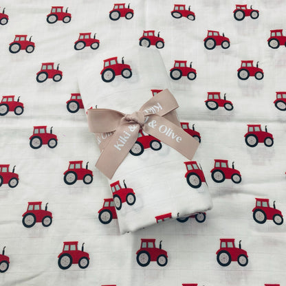 Red tractor muslin swaddle